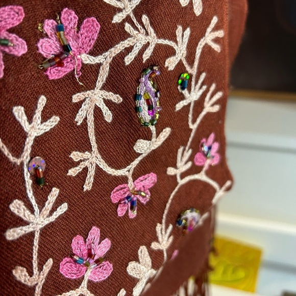 None Accessories - Chic Boho Floral Shawl in Rich Hues Beaded Embroidered